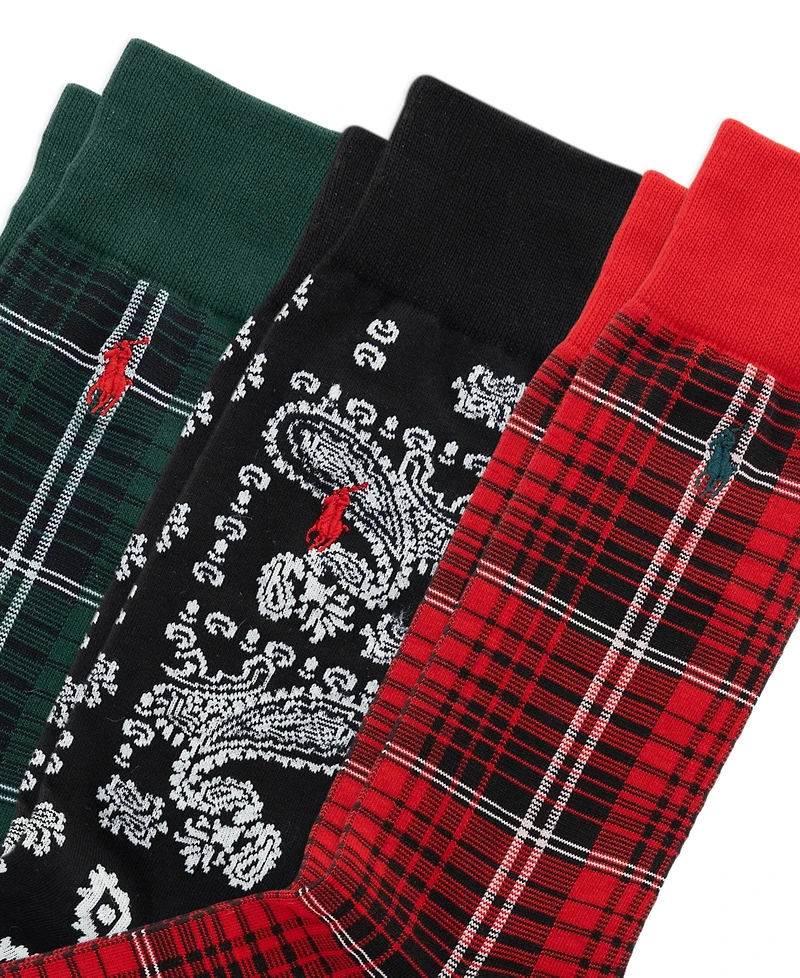 Polo Ralph Lauren Men's Chopped Bandana and Plaid Pattern Socks, 3-Pack