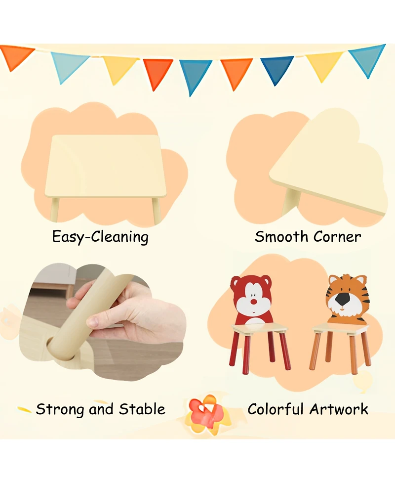 Rainsken 3 Piece Wood Table and Chair Set, with 2 BearandTiger Animals Chairs, Wood Activity Tables Drawing Play Table Set, for Age 2-6 Boy Girl