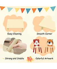 Rainsken 3 Piece Wood Table and Chair Set, with 2 BearandTiger Animals Chairs, Wood Activity Tables Drawing Play Table Set, for Age 2-6 Boy Girl