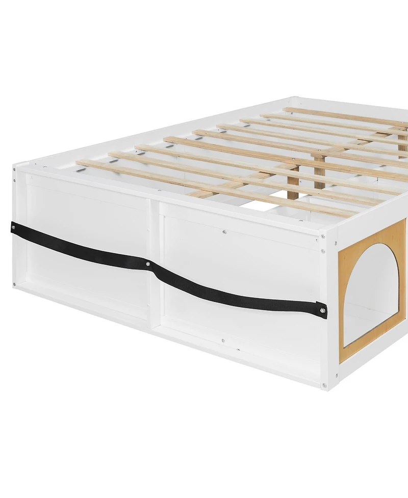 Rainsken Full Size Platform Bed, Modern Wooden Bed Frame with Bookshelf, Side Display Cabinet, Led Light and Storage Drawer for Kids and Teens