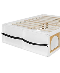 Rainsken Full Size Platform Bed, Modern Wooden Bed Frame with Bookshelf, Side Display Cabinet, Led Light and Storage Drawer for Kids and Teens