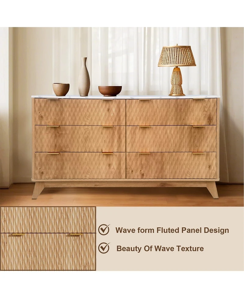 gaomon 6 Drawer Wood Dresser with Faux Marble Top, 54" Wide Farmhouse Chest, Drip Pattern Design