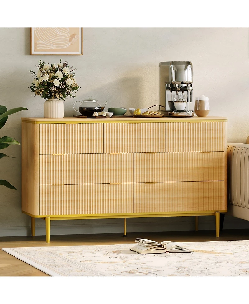 gaomon Fluted 7 Drawer Dresser with Gold Handles Curved Profile Design, 54" Wide Modern Wood Storage Cabinet and Tv Stand