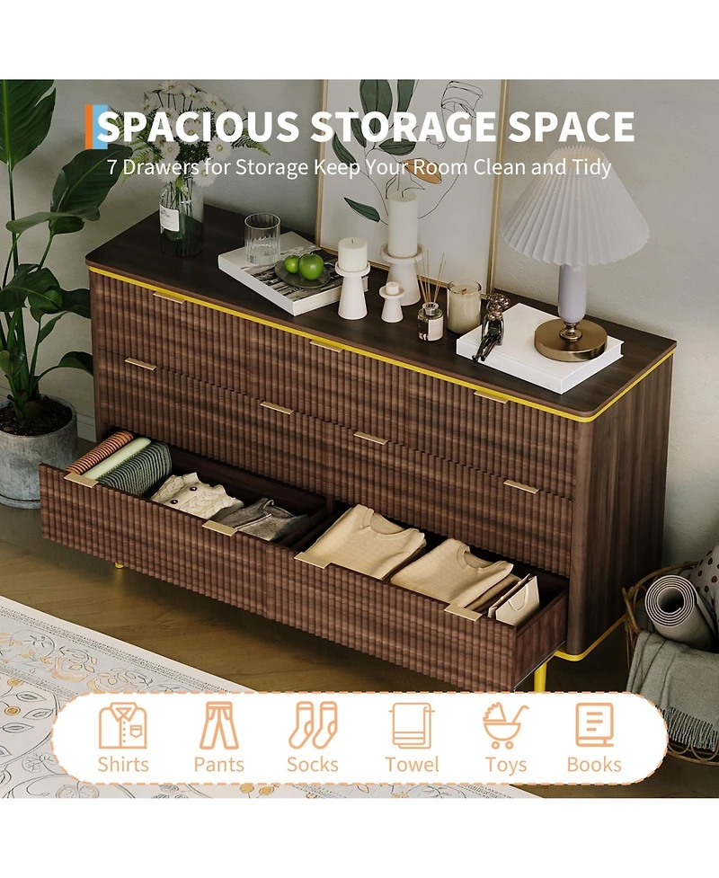 gaomon Fluted 7 Drawer Dresser with Gold Handles Curved Profile Design, 54" Wide Modern Wood Storage Cabinet and Tv Stand