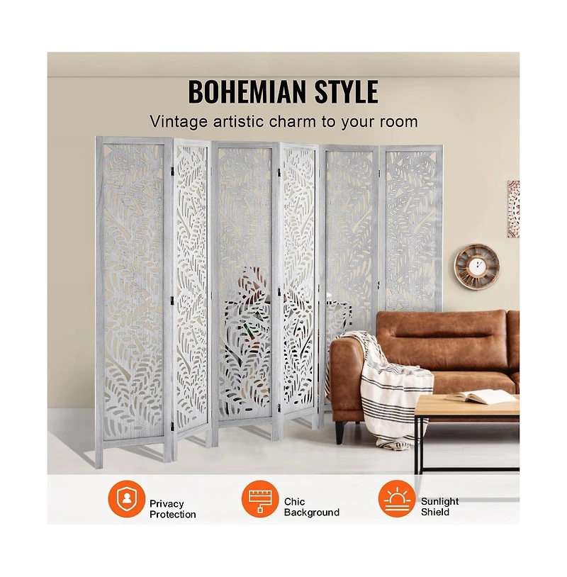 Sugift 6-Panel Carved Wood Folding Room Divider, 66.9 in Tall Indoor Privacy Screen