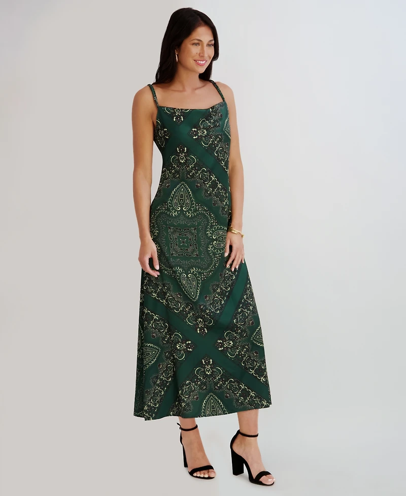 Siena Women's Printed Cowl Neck Satin Midi Dress