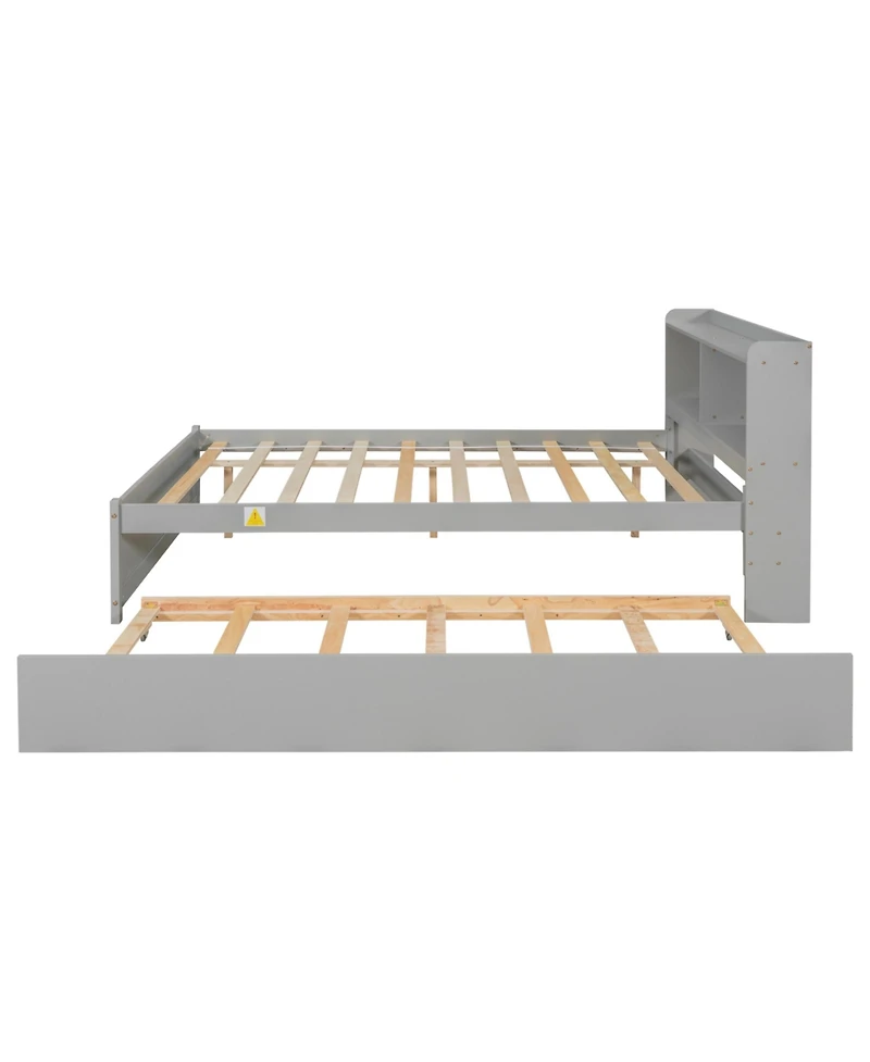 Sailvan Full Platform Bed with Trundle and Storage Bookcase Headboard, Solid Pine Wood