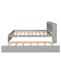 Sailvan Full Platform Bed with Trundle and Storage Bookcase Headboard, Solid Pine Wood