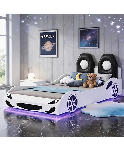Sailvan Twin Race Car Bed Frame with Under-Bed Led Lighting and Upholstered Backrest