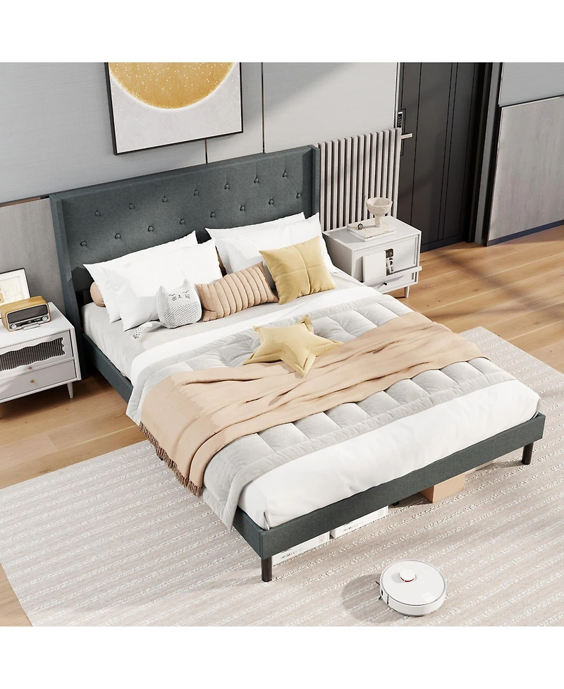 Slickblue Wingback Upholstered Bed Frame with Button Tufted Headboard and Mattress Foundation