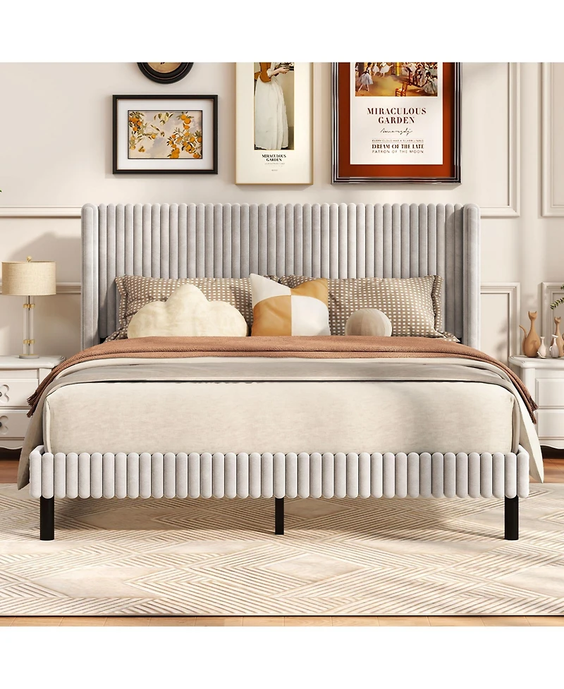 Slickblue Modern Velvet Platform Bed Frame with Vertical Tufted Wingback Headboard Support