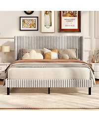 Slickblue Modern Velvet Platform Bed Frame with Vertical Tufted Wingback Headboard Support