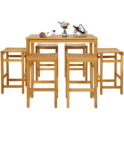 Gymax 7piece Acacia Wood Bar Table Set 45'' Rectangular Dining Table and 6 Stools