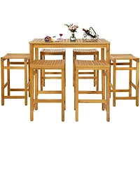 Gymax 7piece Acacia Wood Bar Table Set 45'' Rectangular Dining Table and 6 Stools