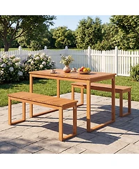 Gymax 3 piece Acacia Wood Picnic Set 43.5'' Outdoor Dining Table w/2 Benches for Yard