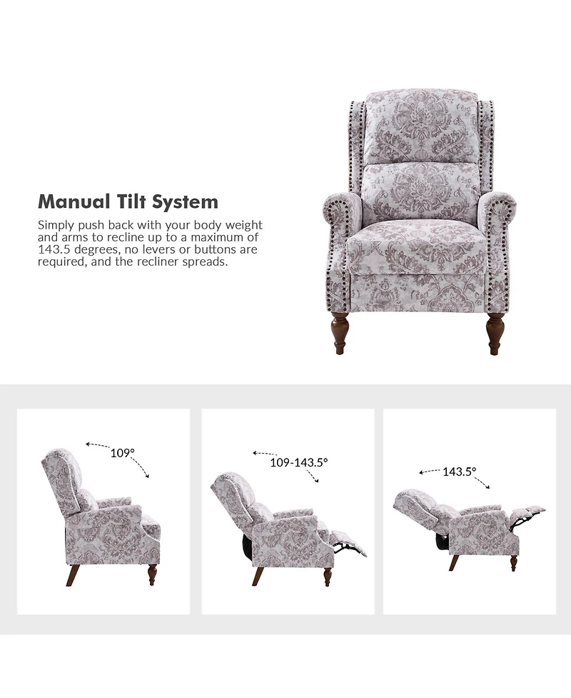 Hulala Home Ariany Floral Manual Recliner with Nailheads
