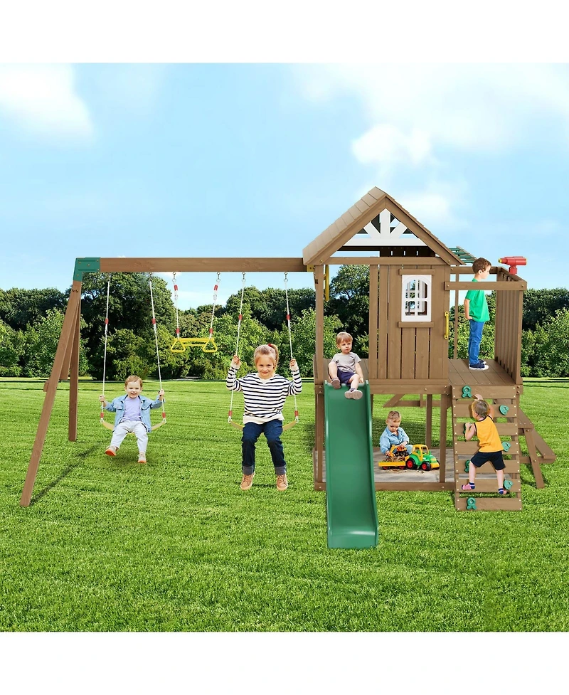 Gouun 10-in-1 Cedar Swing Set with Slide, Fort, Rock Wall and Sandbox for Ages 3-10