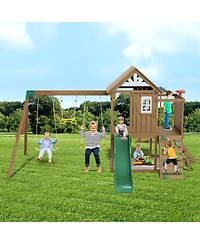 Gouun 10-in-1 Cedar Swing Set with Slide, Fort, Rock Wall and Sandbox for Ages 3-10