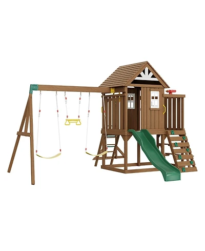 Gouun 10-in-1 Cedar Swing Set with Slide, Fort, Rock Wall and Sandbox for Ages 3-10