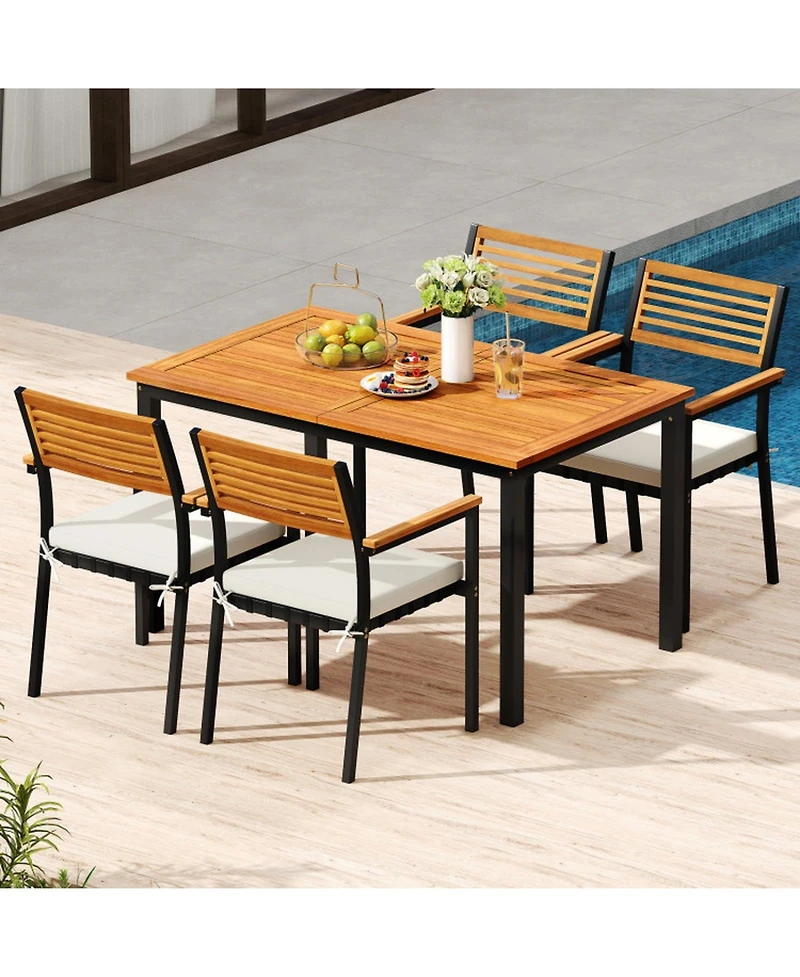Gouun 7-Piece Expandable Acacia Wood Patio Dining Set with Cushions and Umbrella Hole
