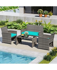 Gouun 4-Piece Wicker Rattan Patio Conversation Set with Loveseat and Coffee Table
