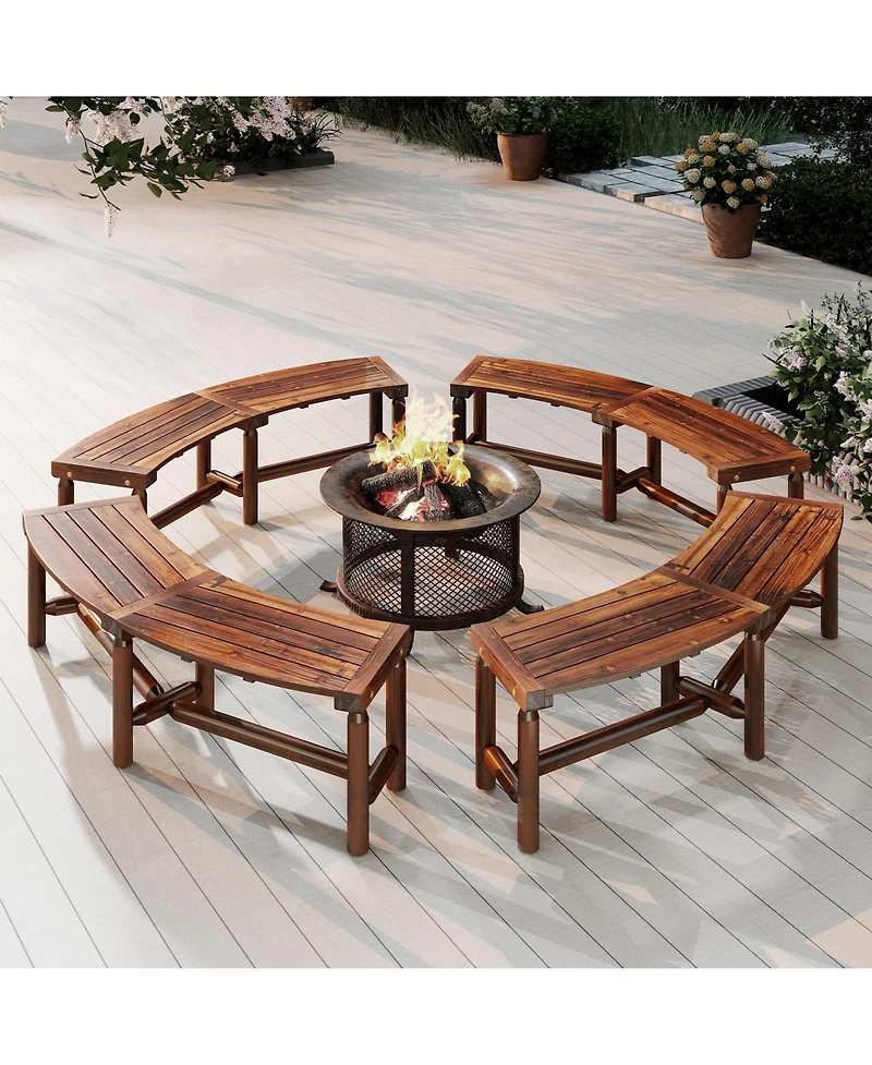Sugift Patio Curved Bench Solid Wood Fire Pit Bench Outdoor Backless Loveseat