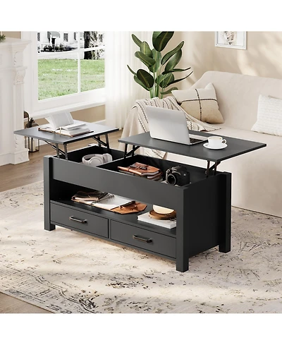 Homfan Lift Top Coffee Table with Hidden Storage, 47" Farmhouse Center Table with Two Drawers and Adjustable Wooden Tabletop for Living Room