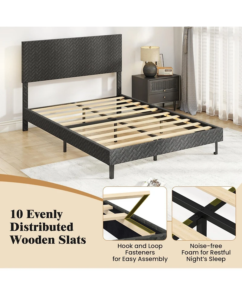 Slickblue Upholstered Velvet Platform Bed with Chevron Headboard
