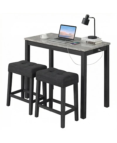 Gymax 3 Pcs Bar Table Set with Charging Station Modern Counter Height Breakfast
