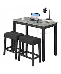 Gymax 3 Pcs Bar Table Set with Charging Station Modern Counter Height Breakfast
