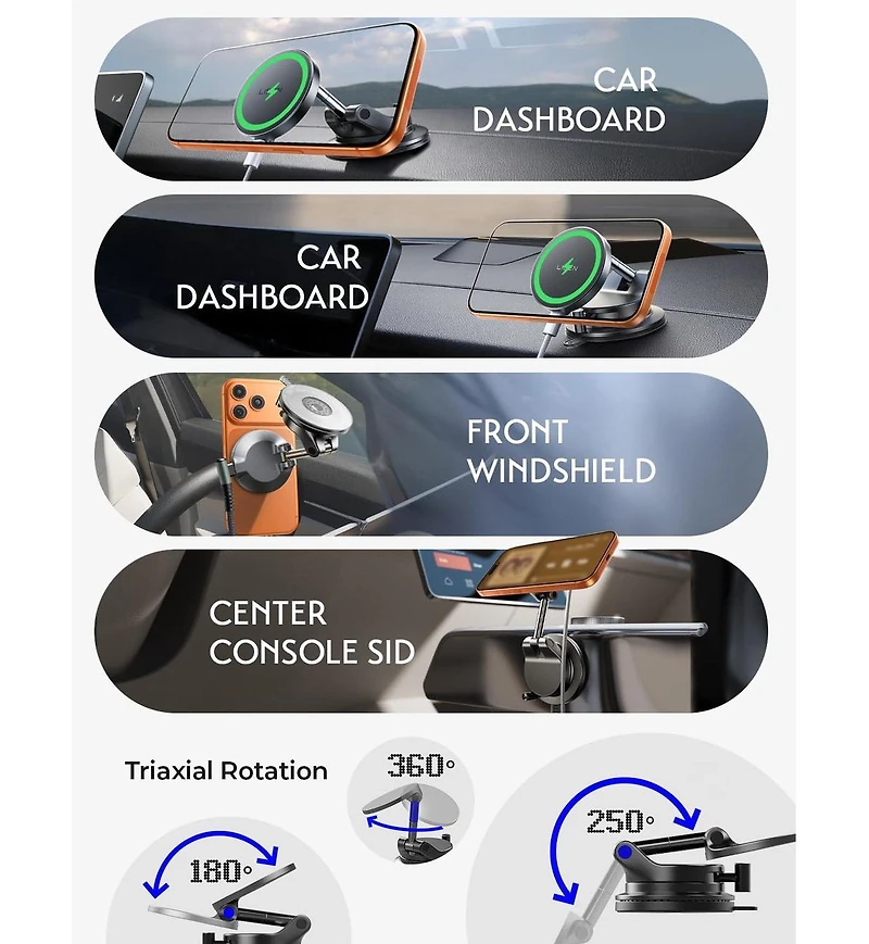 Lisen MagSafe Car Mount Charger with Suction Cup, 15W Wireless Magnetic Phone Holder, Dashboard Mount for iPhone 17/16/15/14/13, Samsung, Pixel