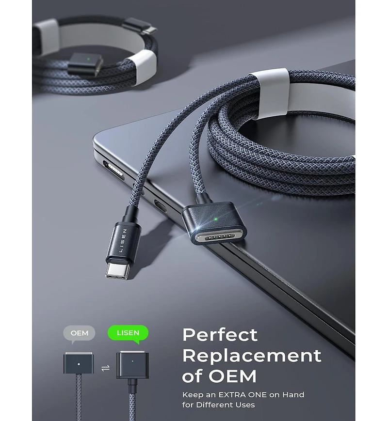 Lisen Usb-c to Magnetic 3 Cable 6.6 ft, 140W Fast Charging Cord for MacBook Charger, Compatible with MacBook Pro and Air