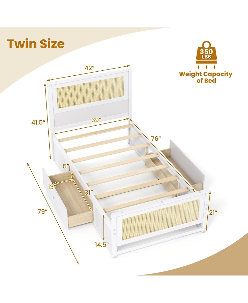 Slickblue Rattan Twin Bed Frame with Built-in Storage Drawers