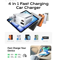 Lisen Retractable Car Charger 4-in-1, 75W Fast Charging Usb-c Car Adapter with Built-in Cables, Multi Device Charger for iPhone, Samsung, iPad
