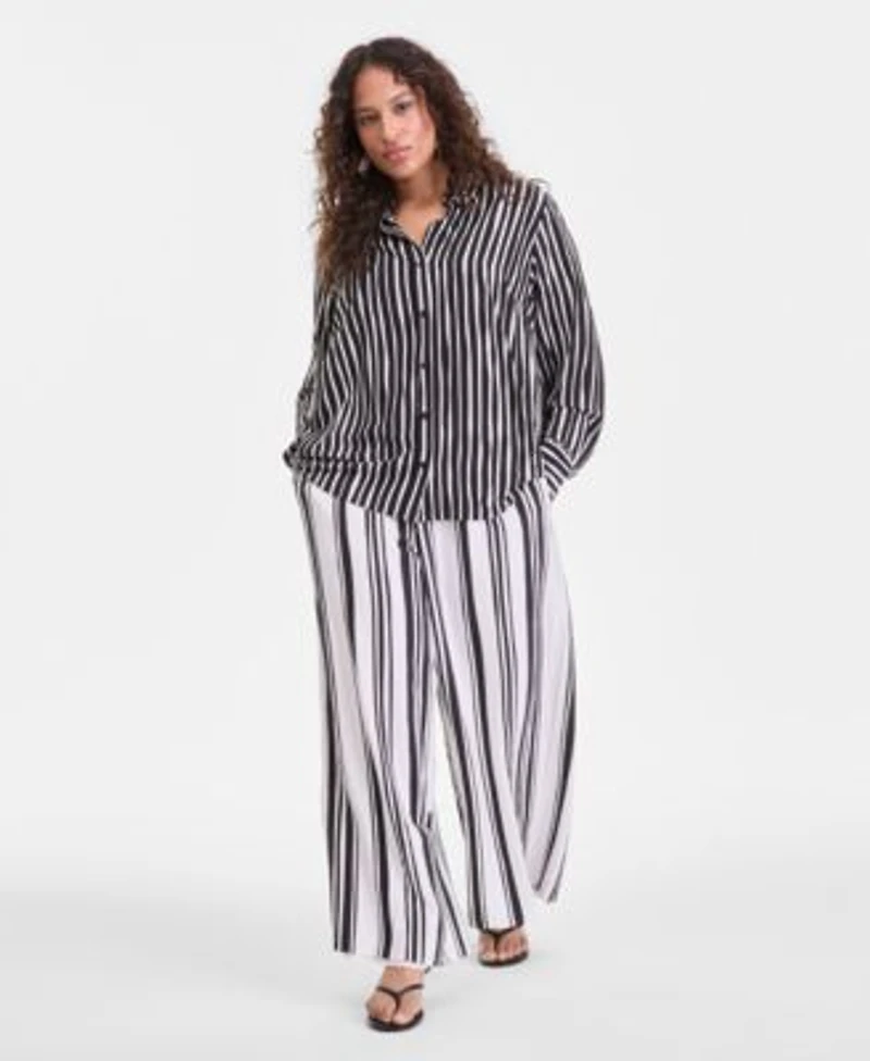 I.N.C. International Concepts Plus Size Striped Button Up Top Striped High Rise Wide Leg Pants