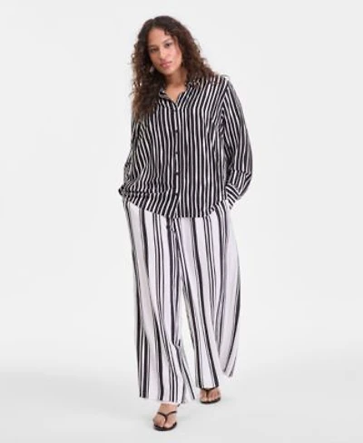 I.N.C. International Concepts Plus Size Striped Button Up Top Striped High Rise Wide Leg Pants