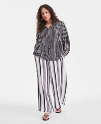 I.N.C. International Concepts Plus Size Striped Button Up Top Striped High Rise Wide Leg Pants