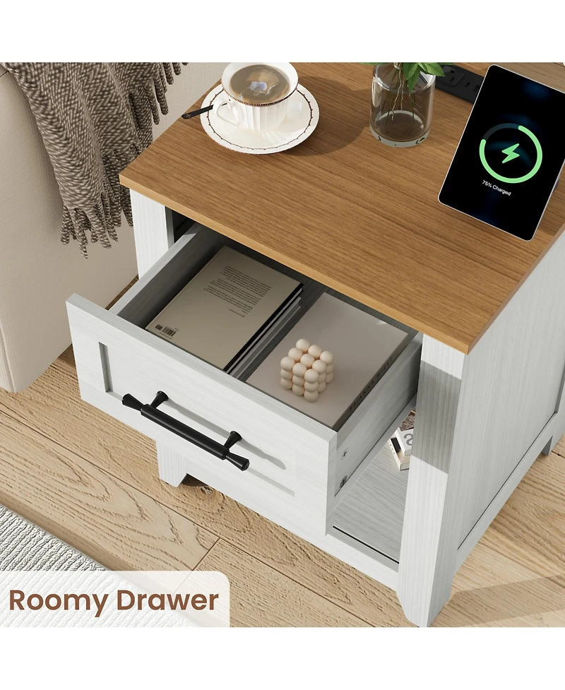 Homfan Farmhouse Nightstand with Charging Station