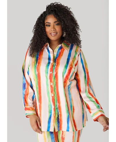 Ashley Stewart Women's Brushstroke Striped Satin Shirt