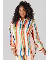 Ashley Stewart Women's Brushstroke Striped Satin Shirt
