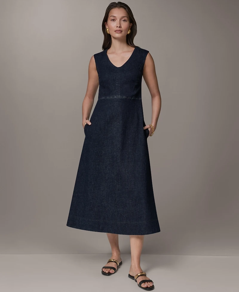 Donna Karan Weekend Women's Contrast Color Self-Belted V-Neck Midi Dress