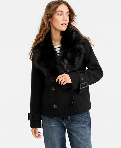 Marilyn & Me Juniors' Faux-Fur-Collar Double-Breasted Jacket