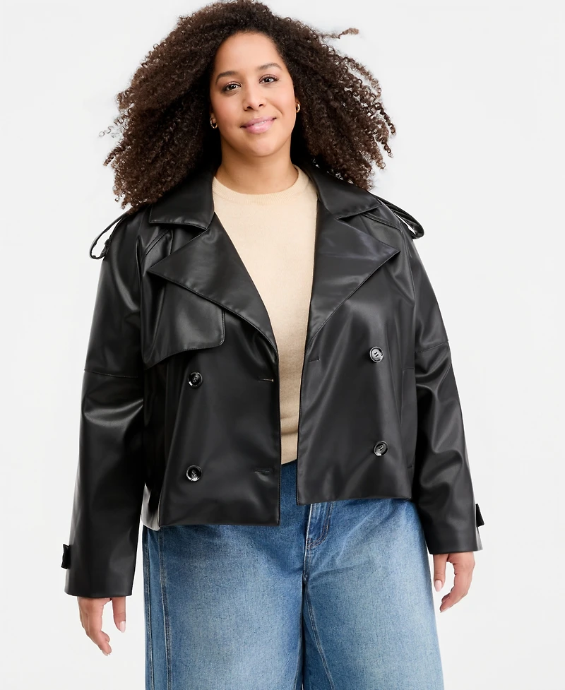 Maralyn & Me Trendy Plus Cropped Double-Breasted Faux-Leather Trench Coat