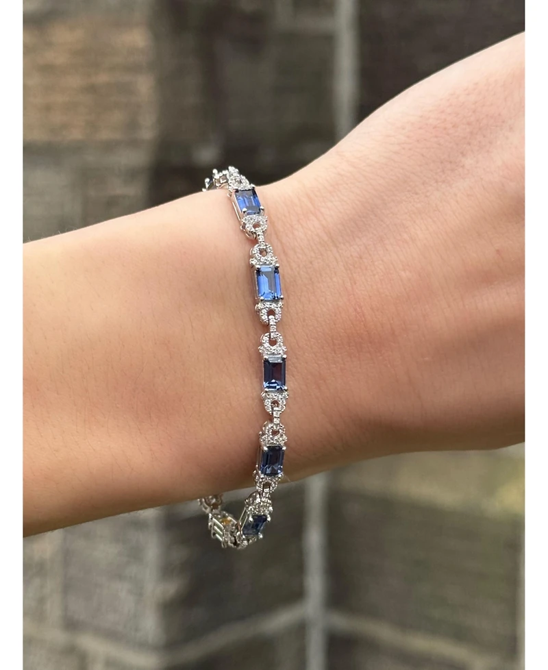 Suzy Levian Sterling Silver Emerald-Cut Sapphire & Created White Tennis Bracelet