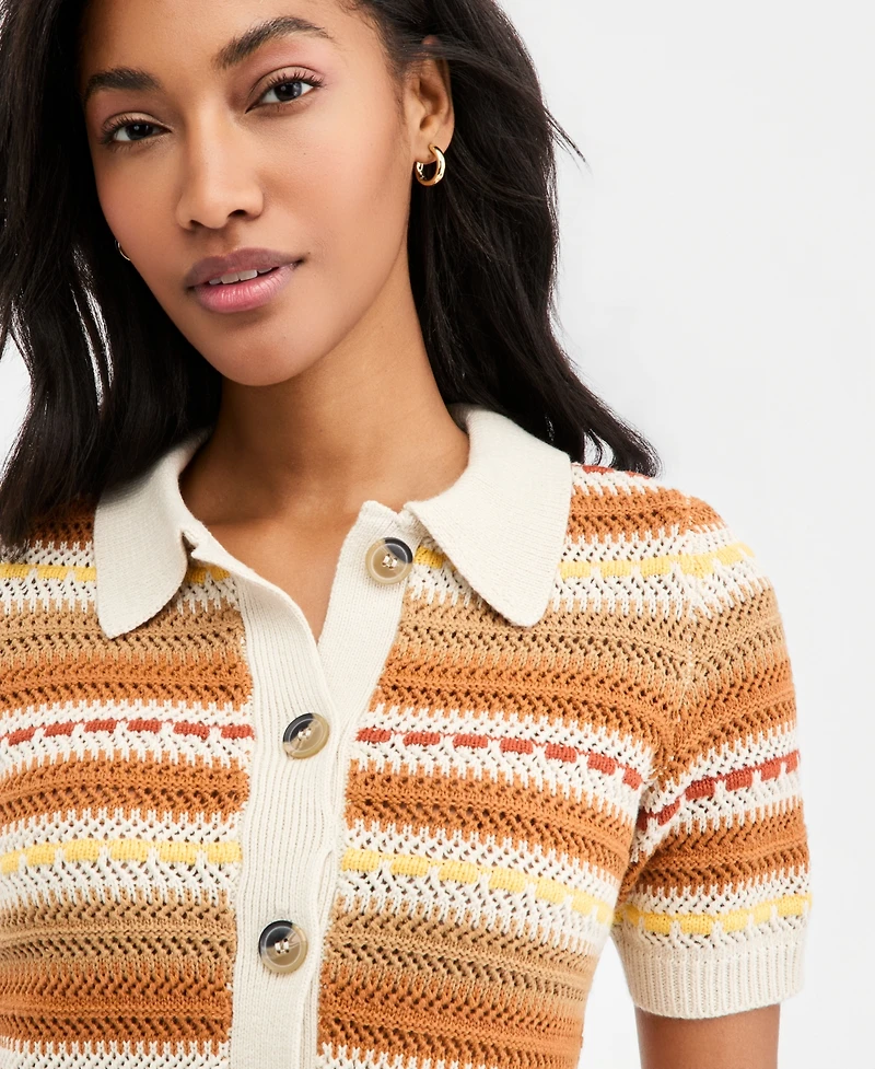 On 34th Women's Textured Stripe Short-Sleeve Collared Cardigan, Macy's Exclusive