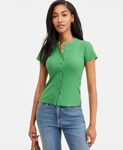 On 34th Women's Rib-Knit Short-Sleeve Button Front Top, Exclusively at Macy's