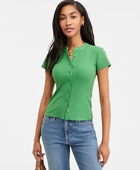 On 34th Women's Rib-Knit Short-Sleeve Button Front Top, Exclusively at Macy's