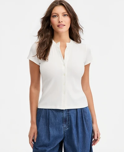On 34th Women's Rib-Knit Short-Sleeve Button Front Top, Exclusively at Macy's