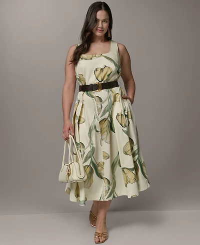 Donna Karan New York Plus Square Neck Belted Printed Midi Dress