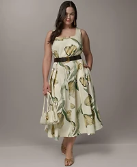 Donna Karan New York Plus Square Neck Belted Printed Midi Dress